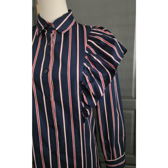 Pixie Market Button Down Poplin Statement Shirt Stripe Ruffled Shoulder Small - Picture 2 of 6